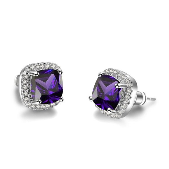Purple Amethyst Diamond Halo Earrings Ear Ring - Picture 4 of 4
